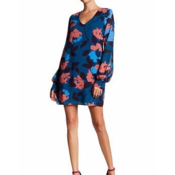 CHARLES Henry Dress blue Floral Print Long sleeve Sheer Shift small - Picture 3 of 13